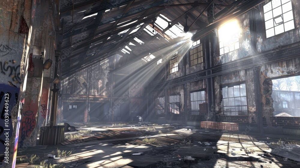Derelict Factory with Shattered Windows and Sunlight Derelict Factory with Shattered Windows and Sunlight