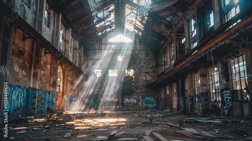 Abandoned Factory with Shattered Windows and Graffiti