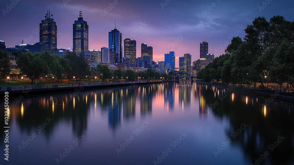 Serene Cityscape Reflections at Dusk Serene Cityscape Reflections at Dusk