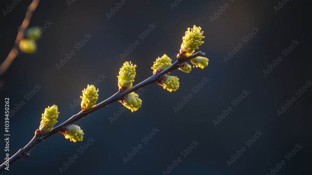 A tree branch with small yellow flowers in sharp focus, background softly blurred A tree branch with small yellow flowers in sharp focus, background softly blurred