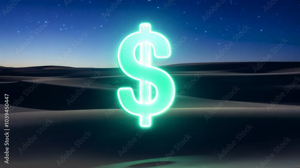 Glowing dollar sign in a desert landscape under a starry sky. Glowing dollar sign in a desert landscape under a starry sky.