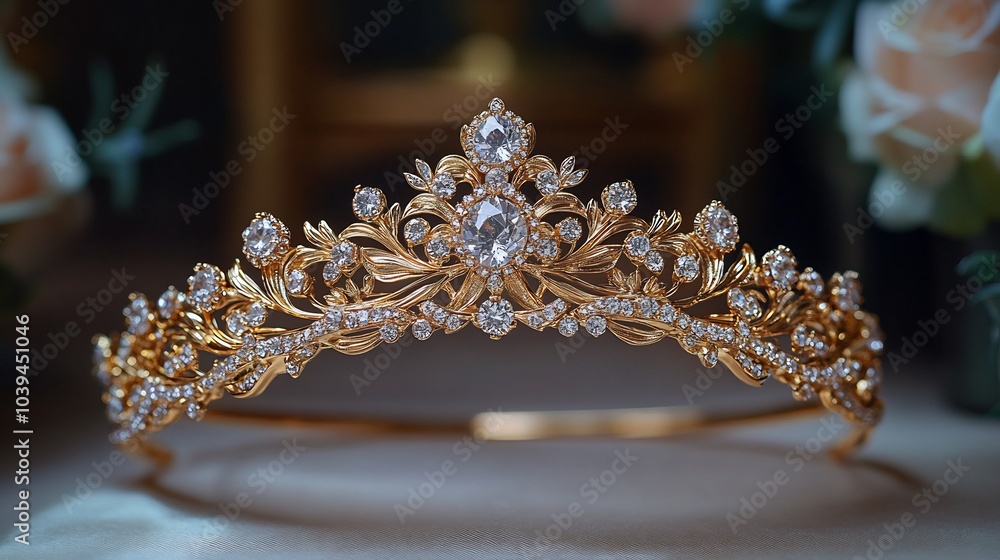 Refined and simple gold tiara with clean lines and small diamond accents isolated on a neutral surface emphasizing its understated elegance Refined and simple gold tiara with clean lines and small diamond accents isolated on a neutral surface emphasizing its understated elegance