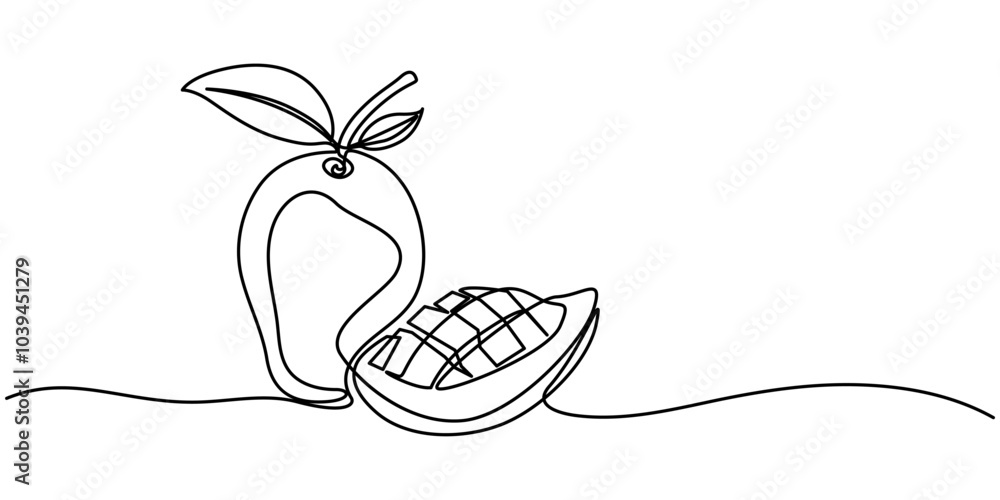 Continuous single line sketch drawing of whole and sliced mango fruit. Editable stroke one line of tropical fresh fruit vector illustration, Single one line drawing of half sliced healthy organic Continuous single line sketch drawing of whole and sliced mango fruit. Editable stroke one line of tropical fresh fruit vector illustration, Single one line drawing of half sliced healthy organic
