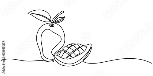 Continuous single line sketch drawing of whole and sliced mango fruit. Editable stroke one line of tropical fresh fruit vector illustration, Single one line drawing of half sliced healthy organic