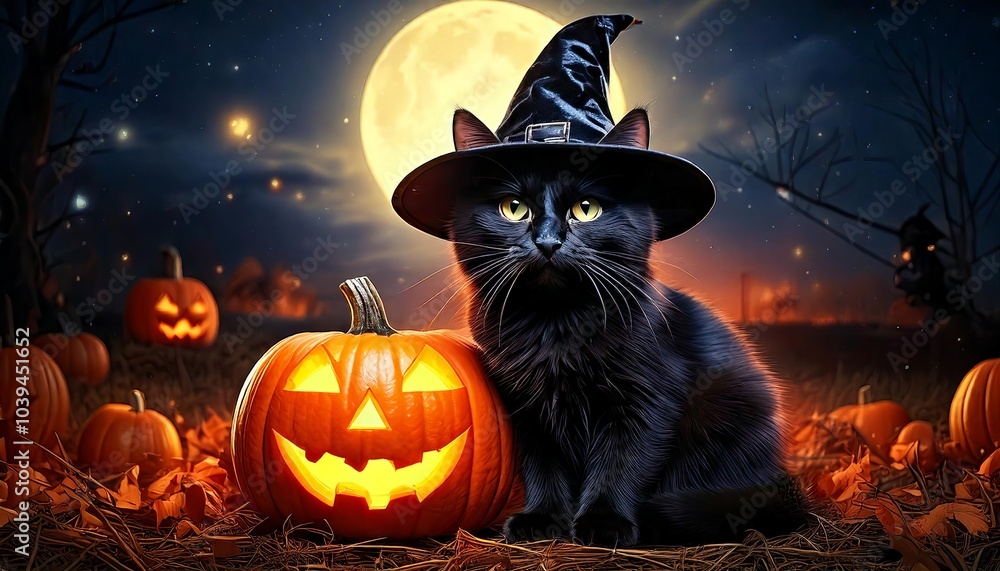 A cute black cat wearing a witch’s hat sitting next to a large glowing jack-o'-lantern A cute black cat wearing a witch’s hat sitting next to a large glowing jack-o'-lantern
