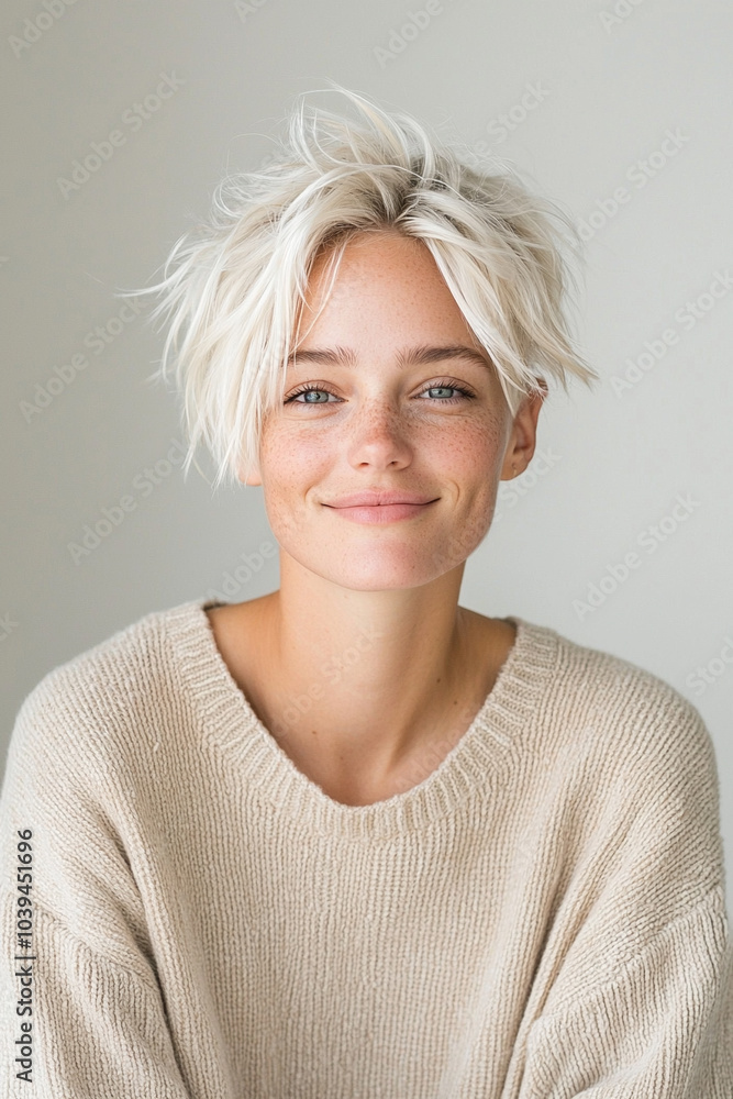 A joyful blonde woman with a short pixie cut hairstyle smiling brightly in a minimalist setting radiating positivity and confidence A joyful blonde woman with a short pixie cut hairstyle smiling brightly in a minimalist setting radiating positivity and confidence