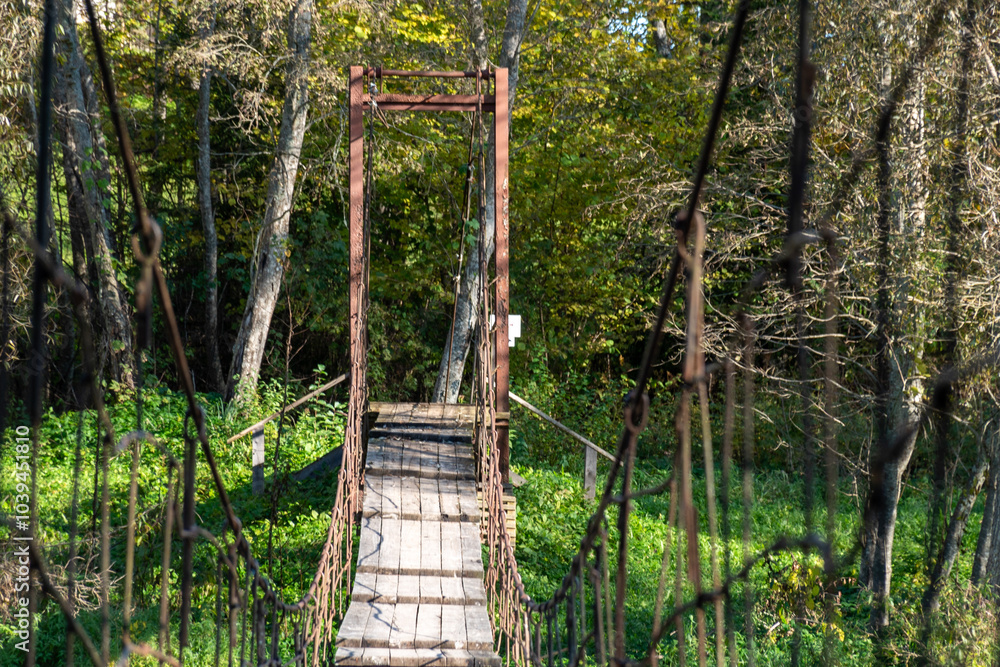 Obraz premium Rope bridge over Gauja, beautiful river bank, bridge connects both banks of Gauja, Vidagas village, Latvia