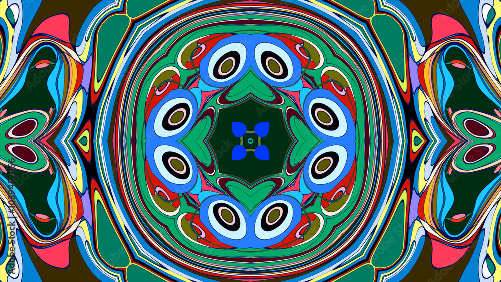 Fototapeta premium Abstract colorful psychedelic mandala kaleidoscope background pattern for a summer music festival