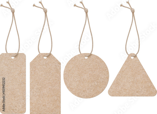 blank craft paper clothing label or price tag on string isolated set