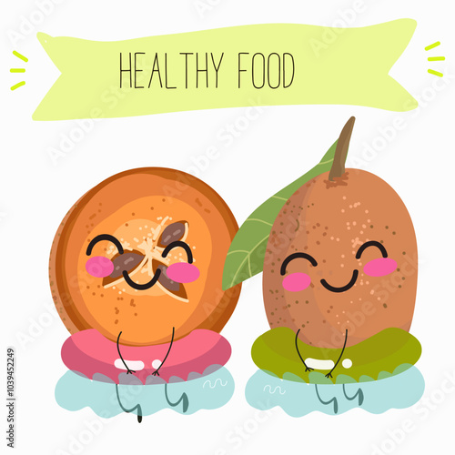 Cute sapodilla characters, funny fruits, different activities. Flat vector illustration. Organic food, healthy food, illustrations for kids menu, invitations.