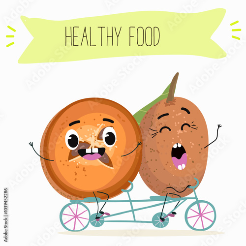 Cute sapodilla characters, funny fruits, different activities. Flat vector illustration. Organic food, healthy food, illustrations for kids menu, invitations.