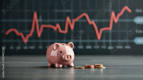 financial growth chart with piggy bank and coins symbolizes saving and investment strategies. This conveys importance of financial planning and growth