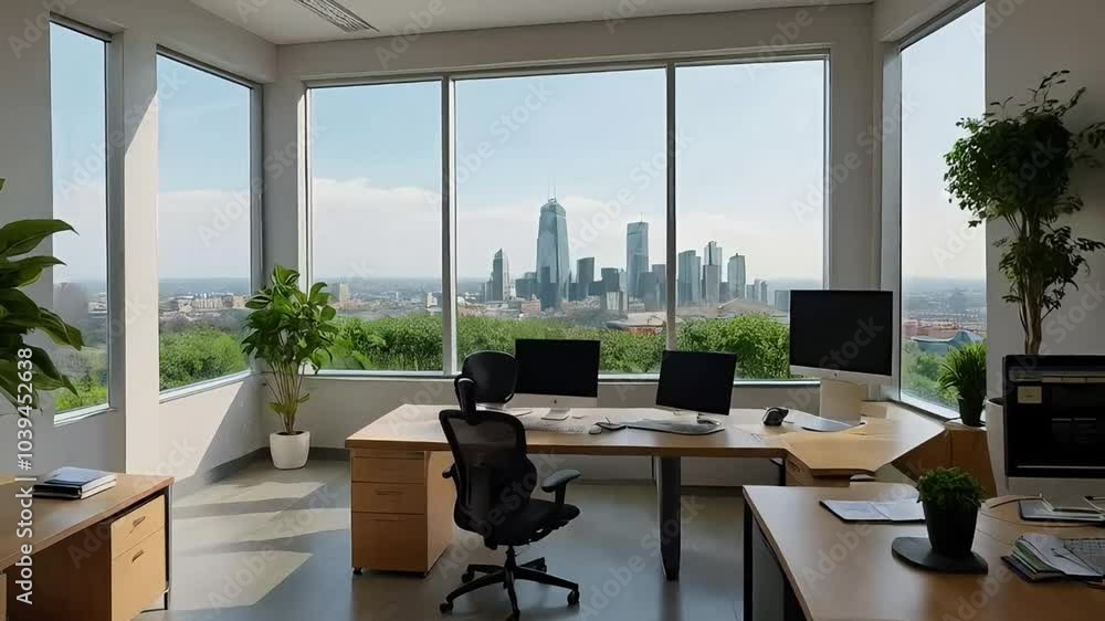 Serene Office with Urban Landscape Serene Office with Urban Landscape