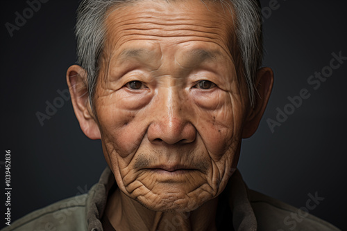 A powerful portrait of an elderly Asian man with deep wrinkles and a thoughtful expression.