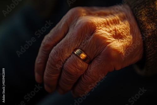 A close-up of an elderly man's wrinkled hand clutching a golden ring.