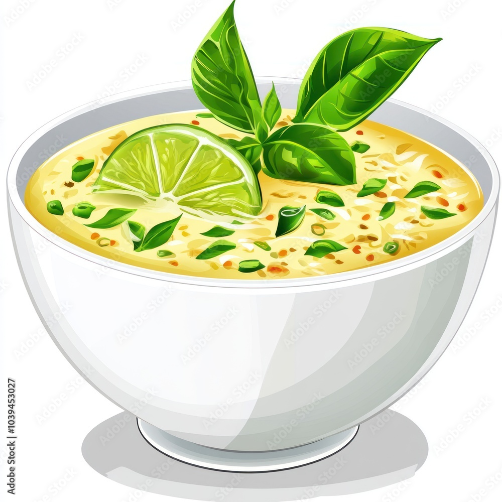 A bowl of creamy soup garnished with lime and fresh herbs. A bowl of creamy soup garnished with lime and fresh herbs.