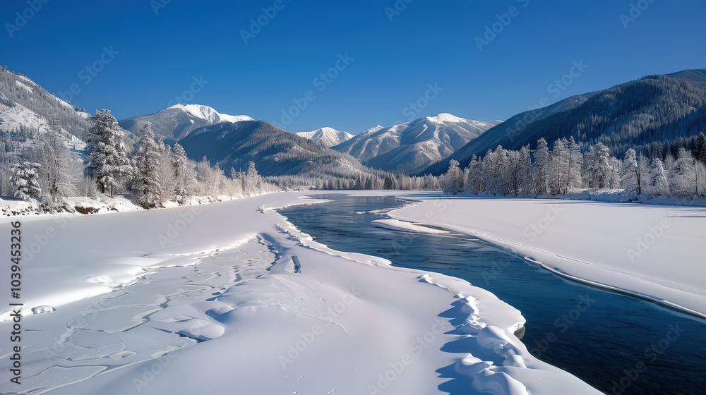 serene winter landscape featuring frozen river surrounded by snow covered mountains and trees. clear blue sky enhances tranquil beauty of this picturesque scene serene winter landscape featuring frozen river surrounded by snow covered mountains and trees. clear blue sky enhances tranquil beauty of this picturesque scene
