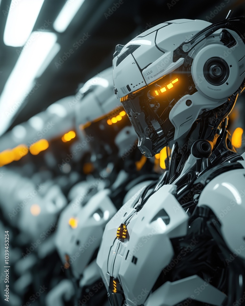 A series of futuristic androids lined up in a production facility, showcasing advanced technology and design.