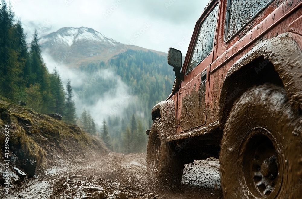 an off-road vehicle is driving on muddy mountain roads, with forest and mountains in the background
an off-road vehicle is driving on muddy mountain roads, with forest and mountains in the background