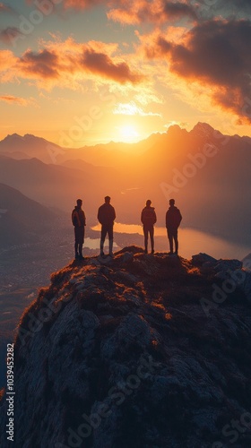 A group of four people are standing on a mountain peak