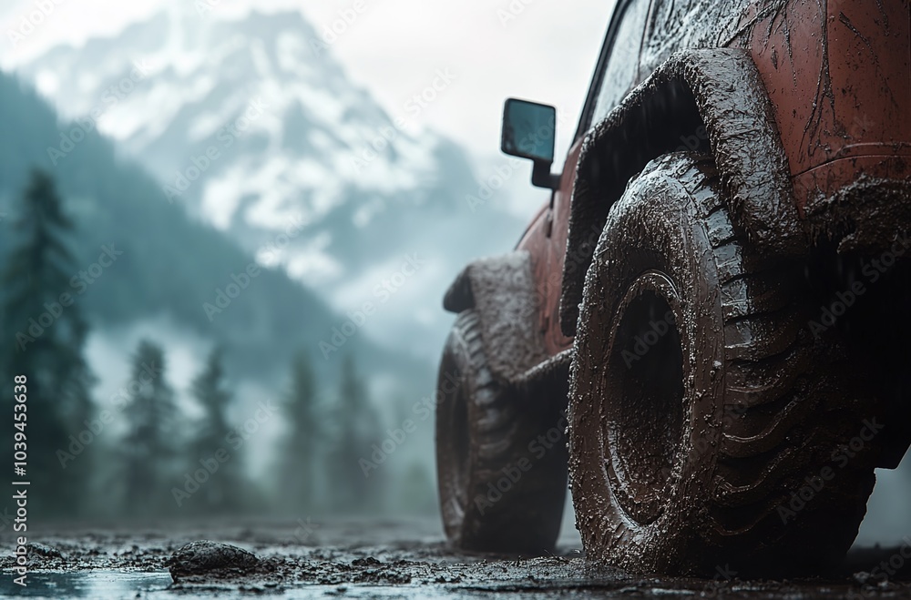 an off-road vehicle is driving on muddy mountain roads, with forest and mountains in the background
an off-road vehicle is driving on muddy mountain roads, with forest and mountains in the background