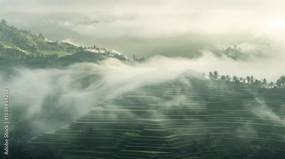 Obraz premium Misty Morning Scene Over Rice Terraces