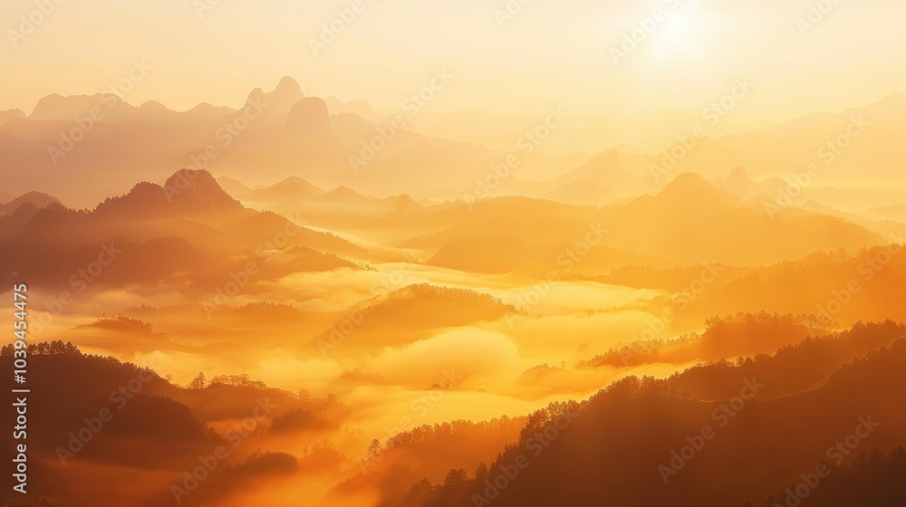 Obraz premium Sunrise Over Rolling Foggy Mountain Landscape