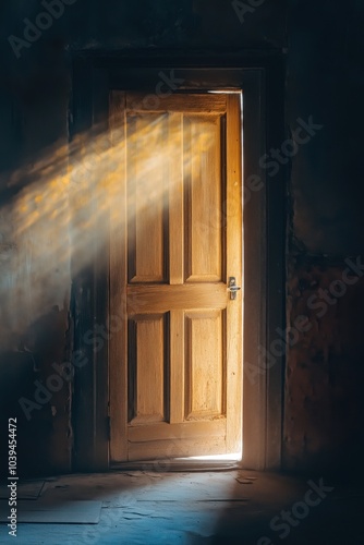 A wooden door slightly open, allowing light to stream through into a dimly lit room.