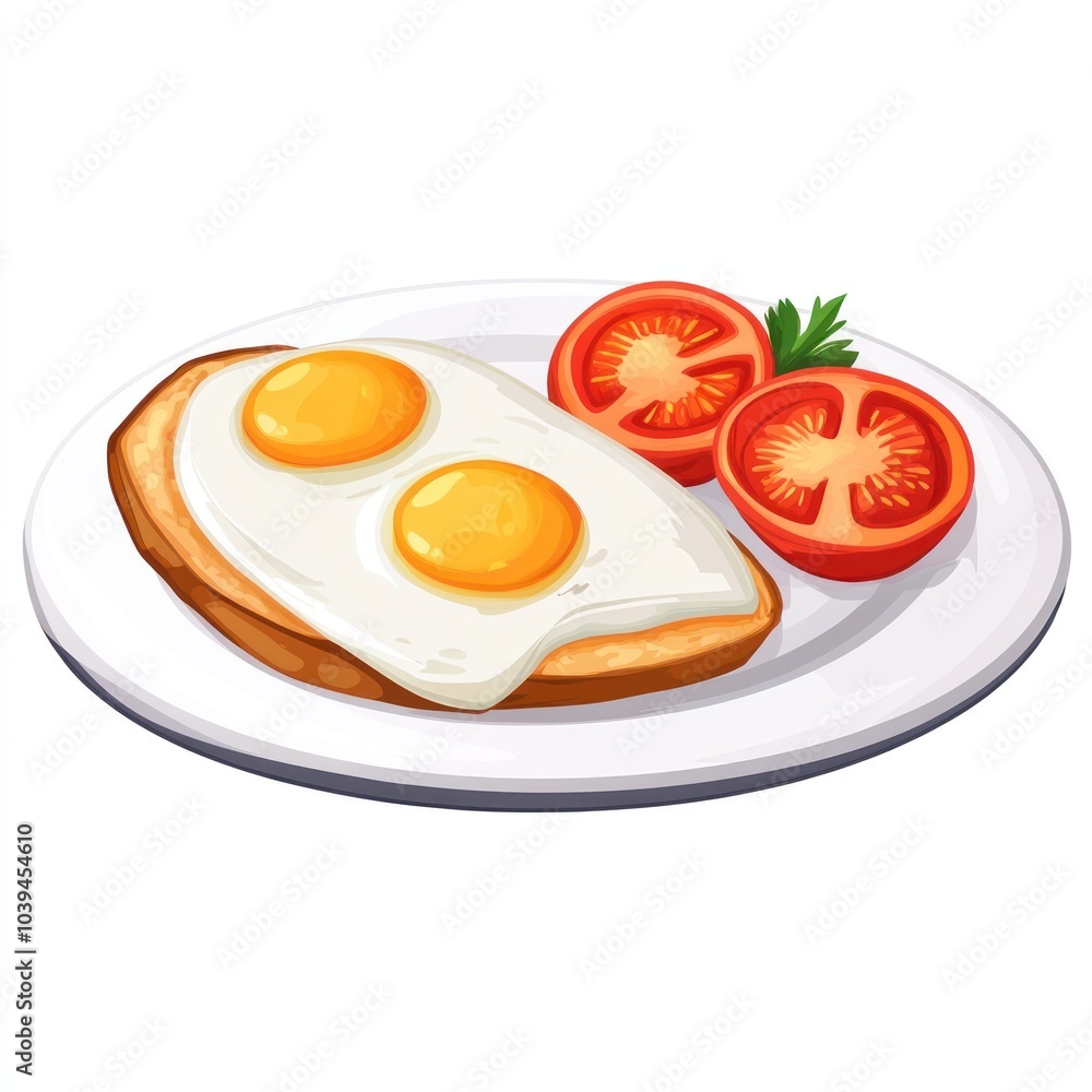 A plate featuring toast topped with two fried eggs and sliced tomatoes. A plate featuring toast topped with two fried eggs and sliced tomatoes.