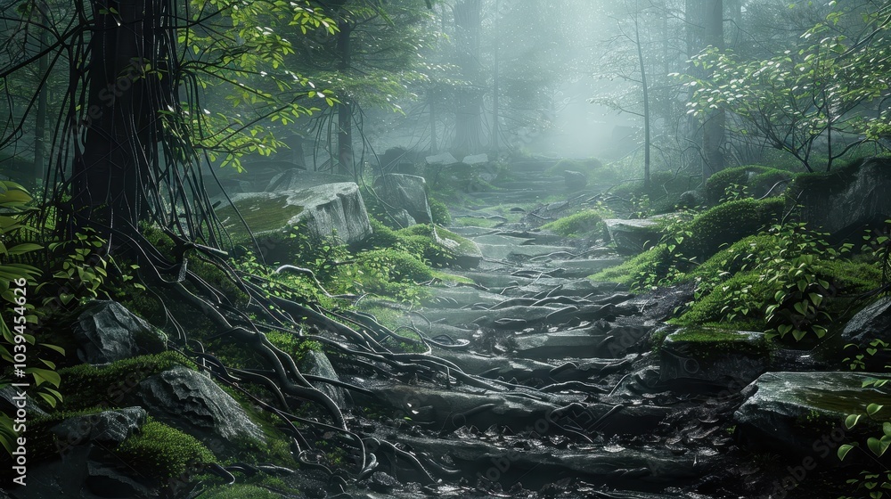 Obraz premium Enigmatic Path Through a Misty Forest