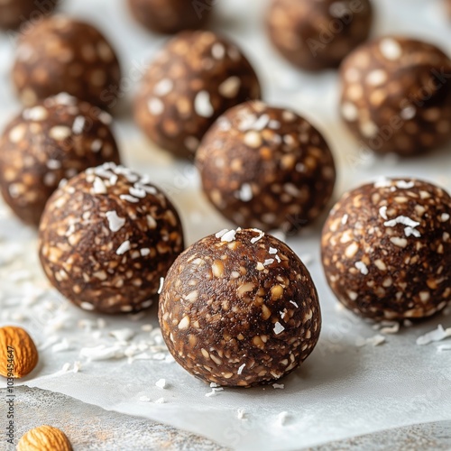 A close-up of delicious energy balls made from dates, almonds, and coconut flakes.