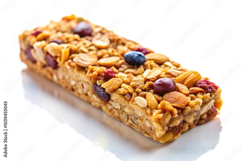 A close-up aerial view showcases the intricate details of a healthy granola bar on a pristine white surface. A close-up aerial view showcases the intricate details of a healthy granola bar on a pristine white surface.