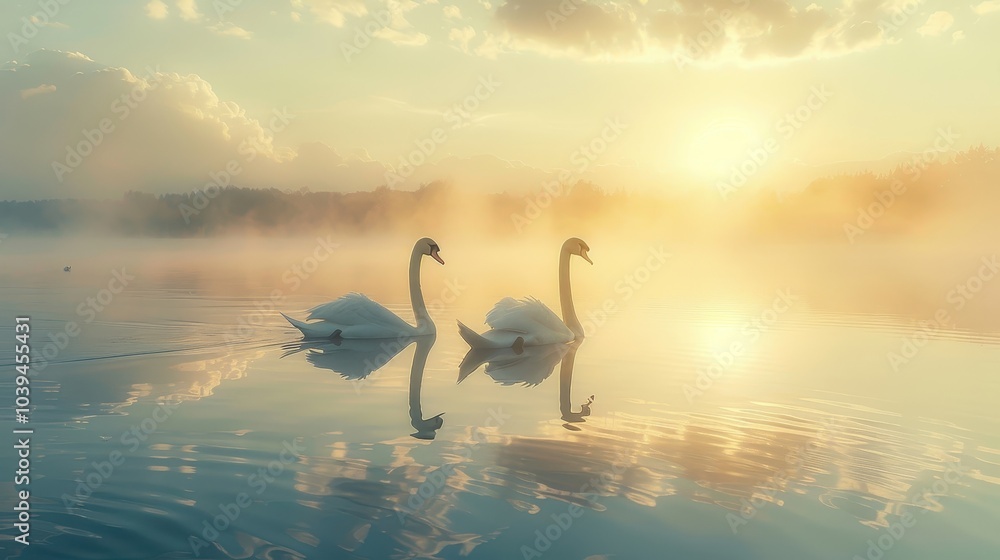 Fototapeta premium Elegant Swans Gliding on Serene Water at Sunrise