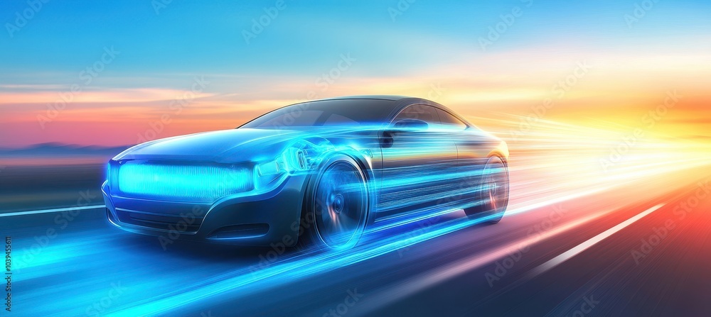 Naklejka premium The air conditioner inside the car is in blue, with light rays flowing through it and emanating from its edges. The background shows an open road with blurred motion