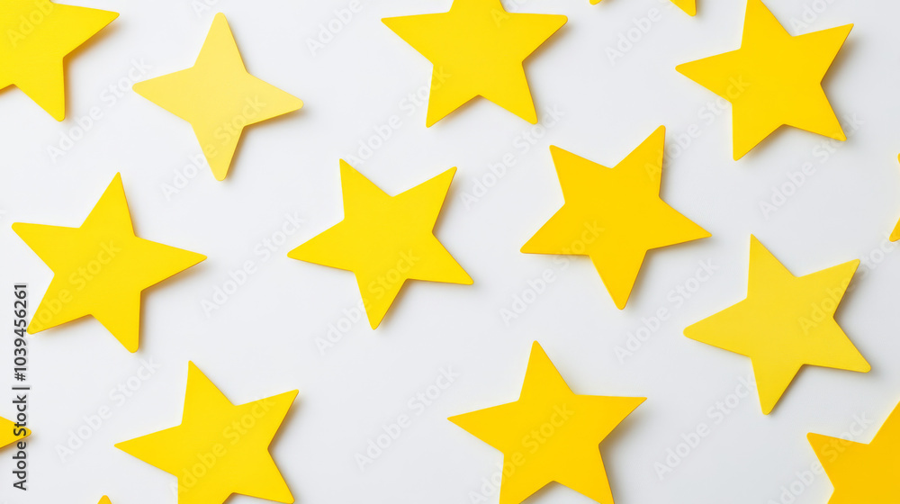 A set of yellow, star-shaped paper stickers against a white backdrop. A set of yellow, star-shaped paper stickers against a white backdrop.