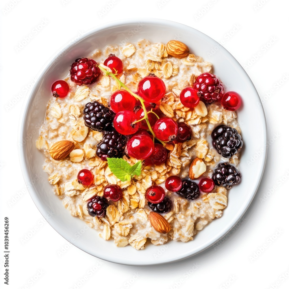 A bowl of oatmeal topped with mixed berries and almonds, promoting a healthy breakfast option. A bowl of oatmeal topped with mixed berries and almonds, promoting a healthy breakfast option.