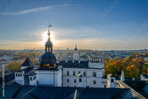 Aerial autumn morning sunset view of Vilnius Old Town, Lithuania