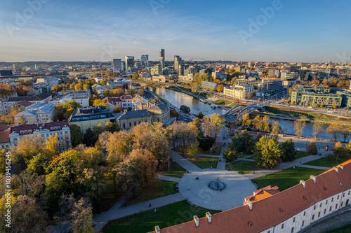 Aerial autumn morning sunset view of Vilnius Old Town, Lithuania