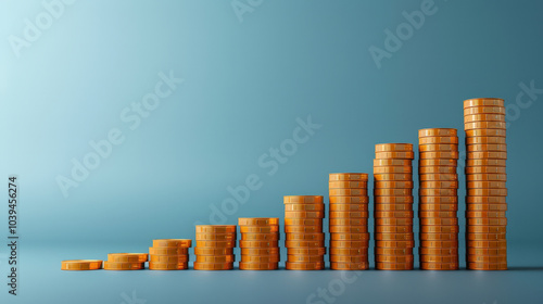 graph showing financial growth represented by stacks of coins, illustrating increasing value and prosperity. vibrant orange coins stand out against calming blue background, symbolizing success