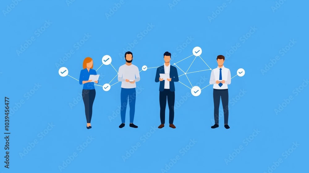 A clean, modern illustration of four professionals connected by a network of checkmarks, symbolizing collaboration, task management, and successful teamwork in a digital environment. A clean, modern illustration of four professionals connected by a network of checkmarks, symbolizing collaboration, task management, and successful teamwork in a digital environment.