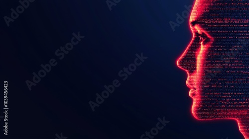 A striking side profile of a human face composed of glowing red code against a dark background, representing the fusion of human identity and digital technology. Abstract image, AI, virtual identity.