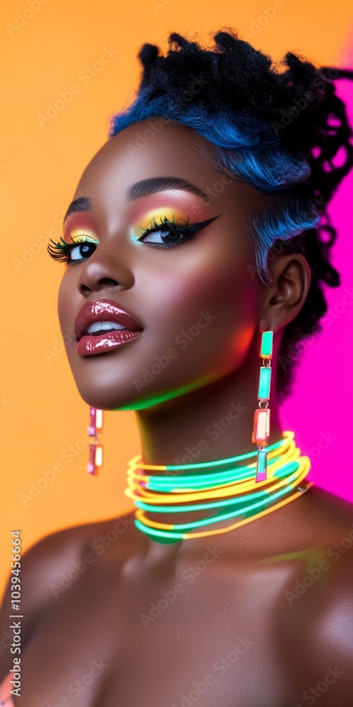 Vibrant Beauty: Portrait of a Black woman with colorful makeup and accessories against a bold orange and pink background Vibrant Beauty: Portrait of a Black woman with colorful makeup and accessories against a bold orange and pink background