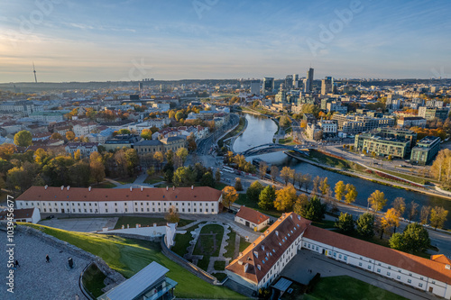 Aerial autumn morning sunset view of Vilnius Old Town, Lithuania