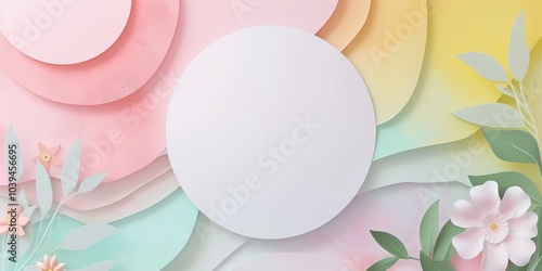 Banner with Soft pastel background featuring layered paper-like textures in pink, yellow, and green tones, with a central round white frame photo