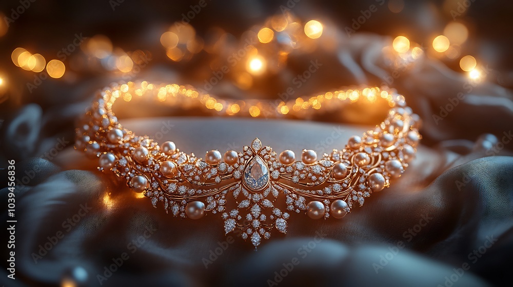 Regal necklace with fine gold filigree and shimmering diamonds resting on a satin pillow under soft lighting surrounded by other exquisite luxury pieces Regal necklace with fine gold filigree and shimmering diamonds resting on a satin pillow under soft lighting surrounded by other exquisite luxury pieces