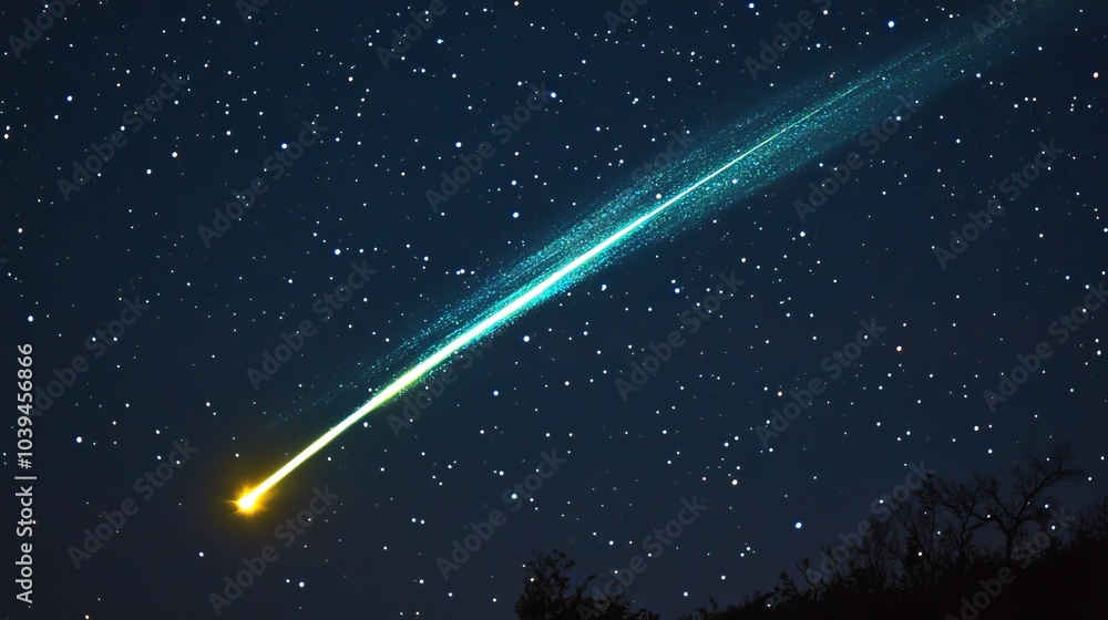 A shooting star with a vibrant green trail in the night sky A shooting star with a vibrant green trail in the night sky