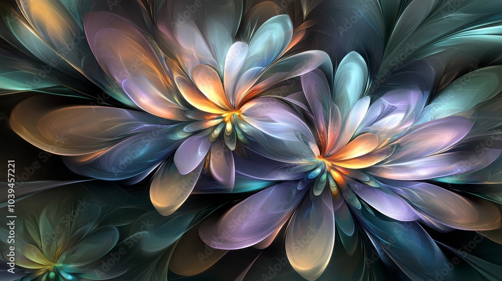 blue, yellow, and pink petals against a black backdrop, encircled by a green center blue, yellow, and pink petals against a black backdrop, encircled by a green center