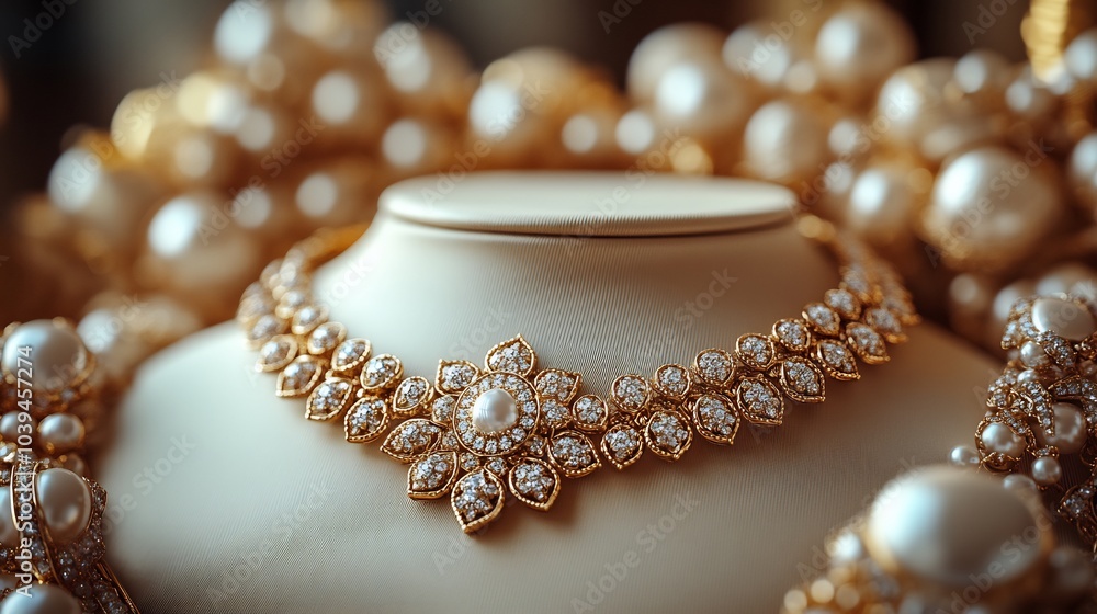 Regal necklace with fine gold filigree and shimmering diamonds resting on a satin pillow under soft lighting surrounded by other exquisite luxury pieces