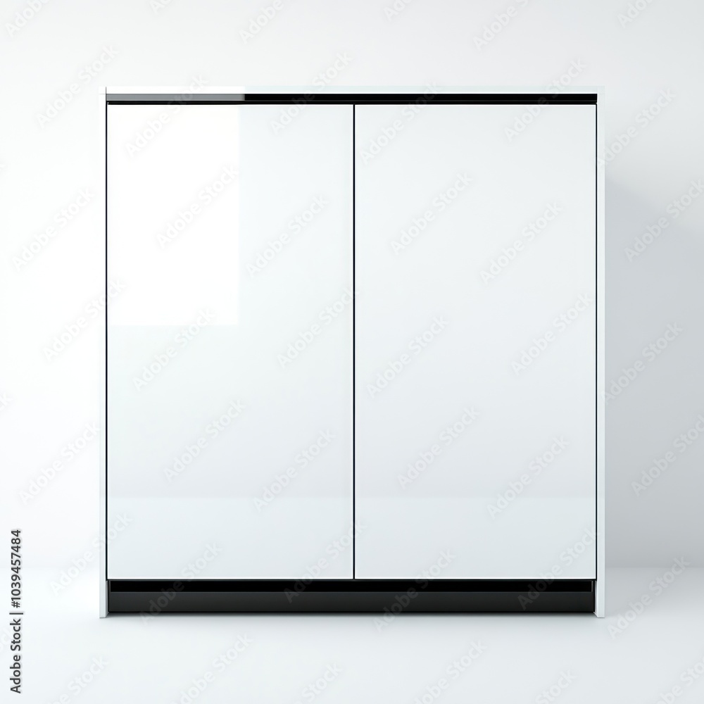 A modern, minimalist cabinet with a glossy white finish and black accents. A modern, minimalist cabinet with a glossy white finish and black accents.