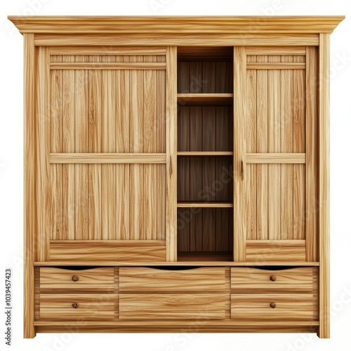 A wooden cabinet with sliding doors, shelves, and drawers for storage.